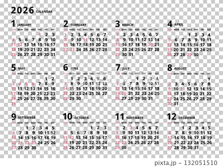 2026年_年間カレンダー_シンプル ヨコ型 132051510