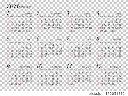 2026 年曆 - 簡單橫向 2026 年曆 - 簡單橫向 132051512