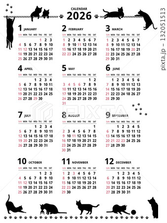 2026年_年間カレンダー_猫シルエット タテ型 132051513