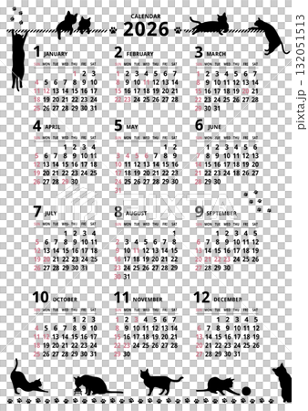2026年_年間カレンダー_猫シルエット タテ型 132051513