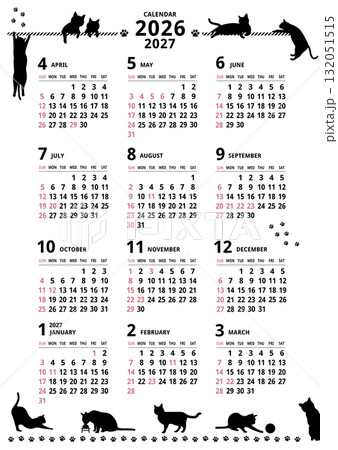 2026-2027年_年間カレンダー_4月始まり _猫シルエットのイラスト素材