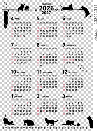 2026-2027年_年間カレンダー_4月始まり _猫シルエット 2026-2027年_年間カレンダー_4月始まり _猫シルエット 132051515