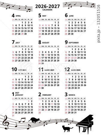 2026-2027年_年間カレンダー_4月始まり _ピアノと楽譜 132051516