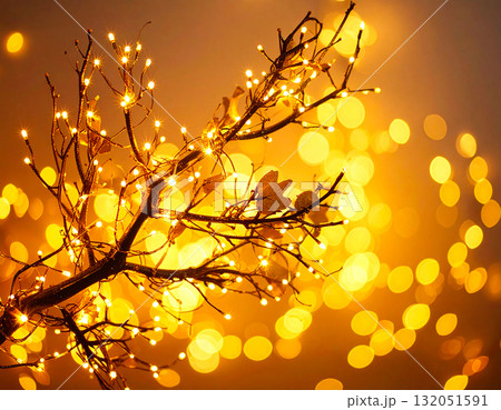 Golden tree branches with fairy lights, Festive holiday and renewal concept 132051591