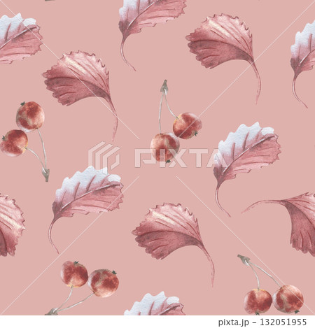 Autumn wild apples Seamless Print isolated pink. Watercolor pattern of crab apple sprigs and autumn foliage in muted red colors. Hand drawn botanical repeat texture for holiday textiles, packaging. Autumn wild apples Seamless Print isolated pink. Watercolor pattern of crab apple sprigs and autumn foliage in muted red colors. Hand drawn botanical repeat texture for holiday textiles, packaging. 132051955