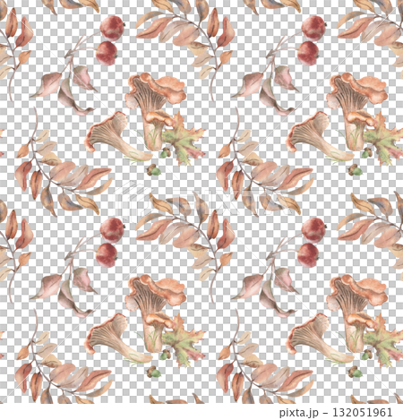Seamless autumn forest pattern with assorted mushrooms, wild apples and foliate. Hand painted watercolor fall design in neutral tones for holiday stationery, organic branding and seasonal gift wrap. 132051961