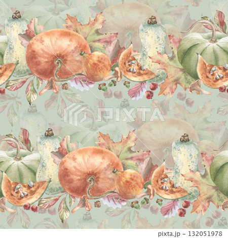 Soft pastel fall pattern of fresh ripe pumpkins, maple leaves and acorns on green. Hand painted watercolor seamless background for holiday autumn home decor, festive textiles. October vintage print. Soft pastel fall pattern of fresh ripe pumpkins, maple leaves and acorns on green. Hand painted watercolor seamless background for holiday autumn home decor, festive textiles. October vintage print. 132051978