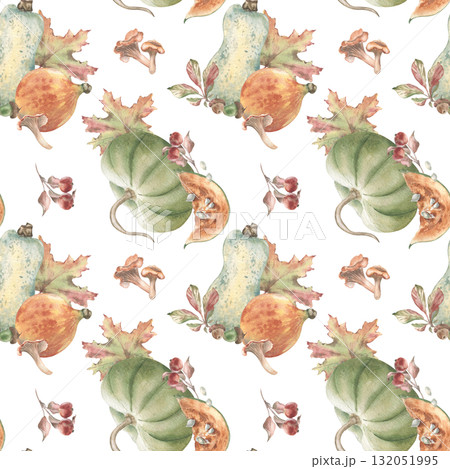 Seasonal vegetables and botanicals watercolor whimsical print isolated white. Autumn seamless pattern hand painted in muted pastel tones. Pumpkins for holiday background, home decor textiles. Seasonal vegetables and botanicals watercolor whimsical print isolated white. Autumn seamless pattern hand painted in muted pastel tones. Pumpkins for holiday background, home decor textiles. 132051995