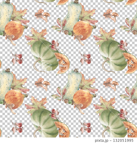 Seasonal vegetables and botanicals watercolor whimsical print isolated white. Autumn seamless pattern hand painted in muted pastel tones. Pumpkins for holiday background, home decor textiles. Seasonal vegetables and botanicals watercolor whimsical print isolated white. Autumn seamless pattern hand painted in muted pastel tones. Pumpkins for holiday background, home decor textiles. 132051995
