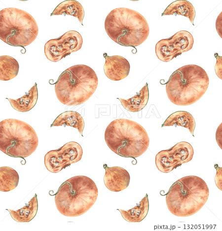 Vintage seamless pattern with ripe pumpkins, cut halves and seeds in gentle pastel watercolor hand drawn. Repeated design for Thanksgiving textiles, wrapping paper, and autumn harvest background. 132051997