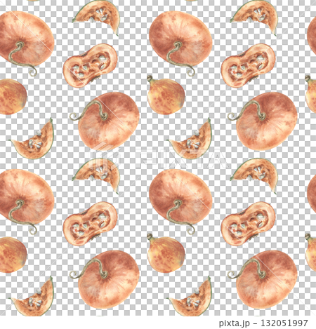 Vintage seamless pattern with ripe pumpkins, cut halves and seeds in gentle pastel watercolor hand drawn. Repeated design for Thanksgiving textiles, wrapping paper, and autumn harvest background. 132051997