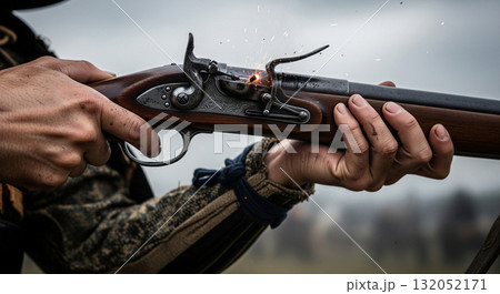 歴史上の合戦。鉄砲隊が火縄銃を構える 歴史上の合戦。鉄砲隊が火縄銃を構える 132052171