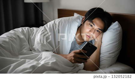 ベッドに寝転がりスマホを操作する女性 132052182