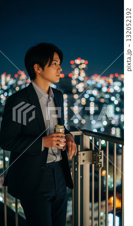 マンションのベランダに立ち夜景を見つめる男性。 手にはビール、髪が夜風に揺れる 132052192