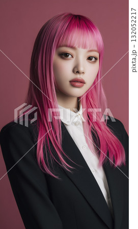 カットモデル　ピンクに染めた髪の毛　日本人女性 132052217