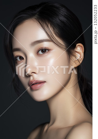 美容液を塗って肌に潤いがある女性の顔のアップ 美容液を塗って肌に潤いがある女性の顔のアップ 132052233