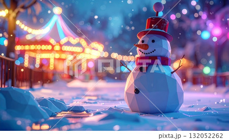 Snowman in Nighttime Amusement Park Snowman in Nighttime Amusement Park 132052262
