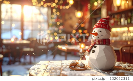 Snowman in Vintage Cafe at Christmas 132052311