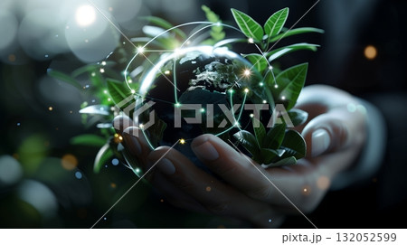 Businessman protecting Earth globe with green plant, illuminated network lines representing environmental sustainability and global connectivity Businessman protecting Earth globe with green plant, illuminated network lines representing environmental sustainability and global connectivity 132052599
