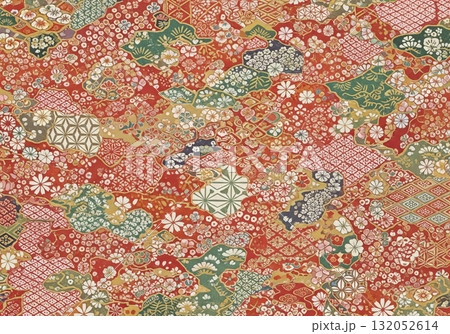 赤と緑の和柄背景 雲形と伝統文様の華やかパターン 赤と緑の和柄背景 雲形と伝統文様の華やかパターン 132052614
