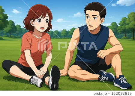 ランニング後に休憩する男女 132052615