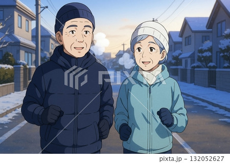 冬の朝にウォーキングするシニア夫婦 132052627