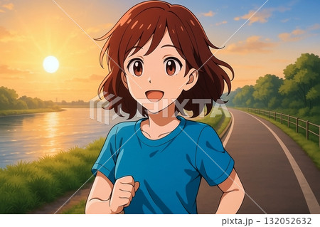 夕暮れの川沿いを笑顔で走る女性 132052632