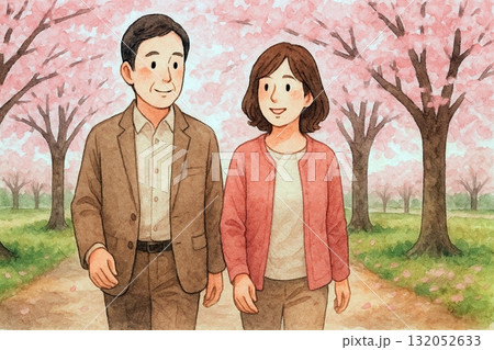 桜の下を歩く中年男女　健康ウォーキング　春の運動シーン 132052633
