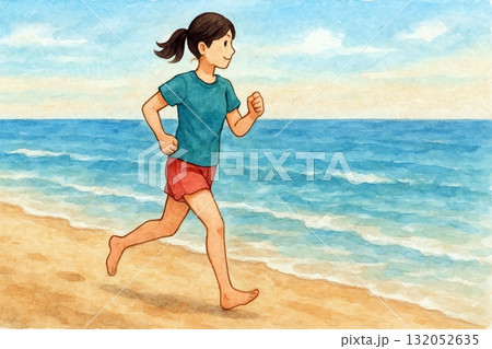 海辺を走る女性ランナー 健康的な朝のジョギング 海辺を走る女性ランナー 健康的な朝のジョギング 132052635
