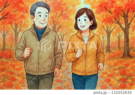 紅葉の並木道を歩く夫婦　健康ウォーキングの秋 132052639