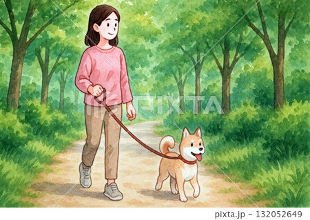 柴犬と散歩する女性 健康的で穏やかな朝のウォーキング 柴犬と散歩する女性 健康的で穏やかな朝のウォーキング 132052649