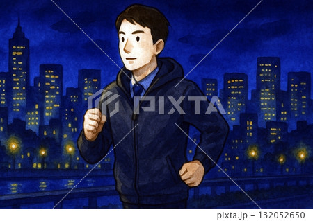 夜の街を走る男性ランナー　仕事帰りのリフレッシュ 132052650