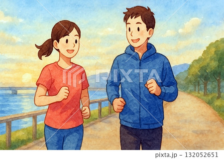 夕暮れの川沿いを走る男女ランナー　健康的なペアジョギング 132052651