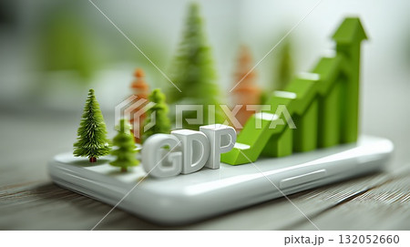 Green economy concept showing increasing GDP with trees and a rising chart on a smartphone, representing sustainable growth and environmental investment 132052660
