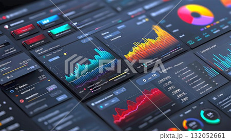 Analyzing complex business data with an interactive graphical financial dashboard displaying real time charts, graphs, and statistics for market research and reporting 132052661