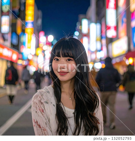 夜の街のネオンが輝く中、柔らかな笑顔が印象的な穏やかで温かい雰囲気のポートレート 132052793