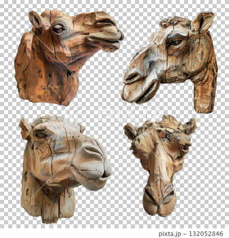 Collection of four weathered wooden camel head carvings, featuring deeply textured wood grain and expressions in profile and front view. Collection of four weathered wooden camel head carvings, featuring deeply textured wood grain and expressions in profile and front view. 132052846