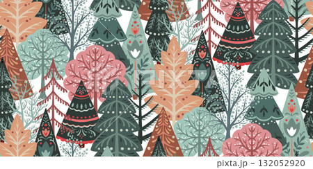 Vector seamless pattern with forest trees, folk ornaments, decorations. Vector endless background of winter Christmas symbols in modern graphic style Vector seamless pattern with forest trees, folk ornaments, decorations. Vector endless background of winter Christmas symbols in modern graphic style 132052920