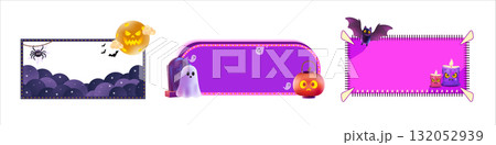 Vibrant gradient banner collection with cute ghost, pumpkin, and candle details. Ideal for seasonal sales, event invitations, digital ads, or creative template backgrounds Vibrant gradient banner collection with cute ghost, pumpkin, and candle details. Ideal for seasonal sales, event invitations, digital ads, or creative template backgrounds 132052939