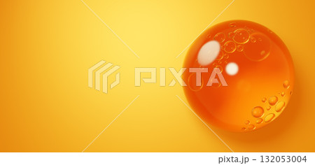黄色い背景に浮かぶオレンジ色の液体。ジェル。コピースペース。3D（横長） 132053004