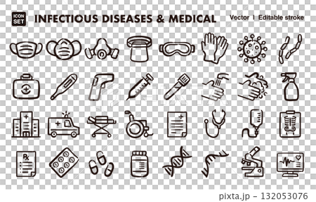 傳染病和醫療手繪圖示插圖集。 EPS 版本可編輯以變更線條粗細等。 傳染病和醫療手繪圖示插圖集。 EPS 版本可編輯以變更線條粗細等。 132053076