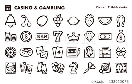 カジノとギャンブルの手描きアイコンイラストセット　EPS版は線の太さ等編集可能 132053078