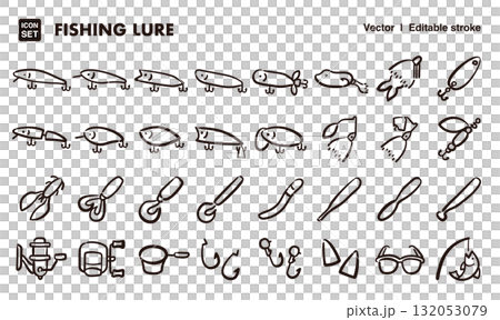 手繪圖標插圖集，包括誘餌和漁具。 EPS 版本可讓您編輯線條粗細等。 132053079