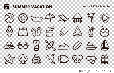 Summer vacation and beach resort hand-drawn icon illustration set. EPS version can be edited to change line thickness, etc. 132053083