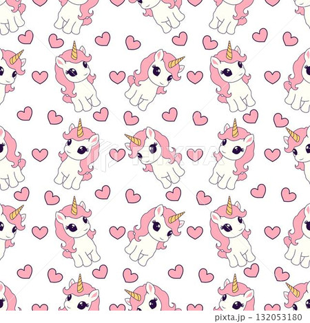 Seamless pattern with cute unicorns and hearts. 132053180