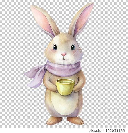 minimal watercolor artwork of a standing bunny wearing a dusty rose scarf minimal watercolor artwork of a standing bunny wearing a dusty rose scarf 132053186