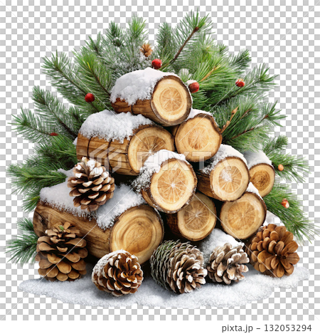 still life of stacked firewood logs covered in snow Watercolor white background still life of stacked firewood logs covered in snow Watercolor white background 132053294