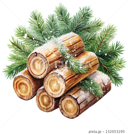 still life of stacked firewood logs covered in snow Watercolor white background still life of stacked firewood logs covered in snow Watercolor white background 132053295