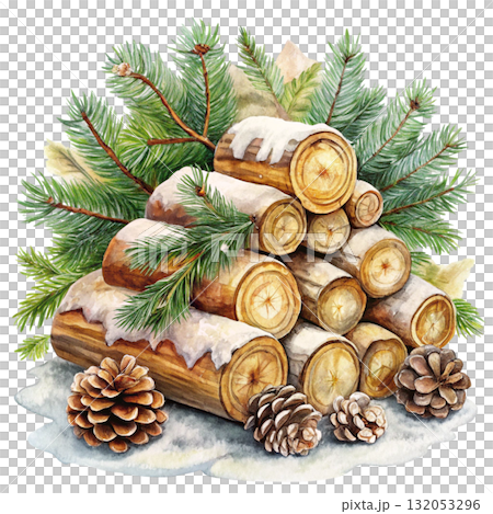 still life of stacked firewood logs covered in snow Watercolor white background still life of stacked firewood logs covered in snow Watercolor white background 132053296