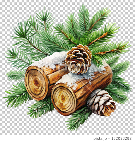 still life of stacked firewood logs covered in snow Watercolor white background still life of stacked firewood logs covered in snow Watercolor white background 132053298